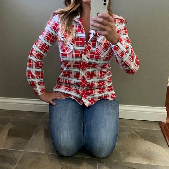 Vtg 70s Center Stage Plaid Polyester Top Retro Mod - Picture 2 of 5